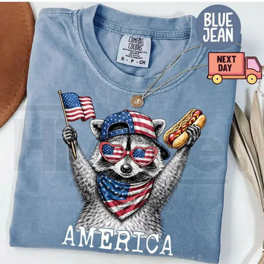 Comfort Colors America Raccoon Hot Dog Shirt – Kids and Women Retro 4th of July Patriotic Animal T-Shirt - Hiyatee