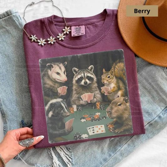 Comfort Colors Animals Playing Poker T-Shirt – Funny Meme Tee, Raccoon Opossum Capybara Graphic Shirt - Hiyatee