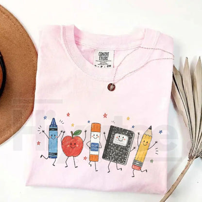 Comfort Colors Back to School Shirt – Cartoon School Supplies Teacher Graphic Tee - Hiyatee