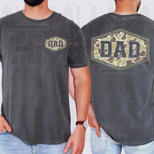 Comfort Colors Camouflage Dad Shirt – Retro Varsity Duck Camo Tee, Trending Father's Day Men's Graphic Casual Outfit Gift - Hiyatee