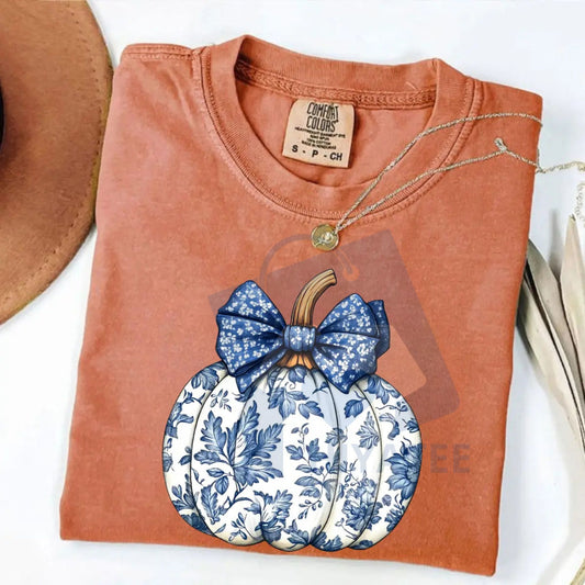 Comfort Colors Chinoiserie Pumpkin Shirt – Blue Floral Pumpkin Tee, Coquette Halloween & Thanksgiving Top, Women's Fall Crewneck - Hiyatee