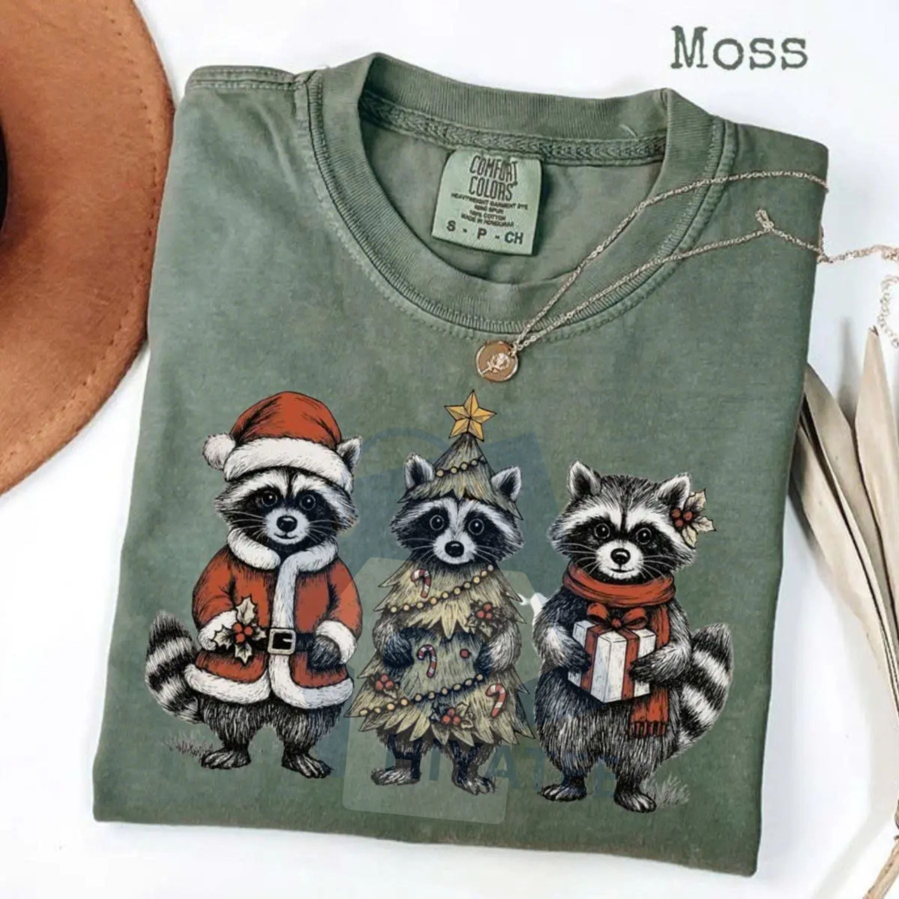 Comfort Colors Christmas Raccoons T-Shirt – Cute Woodland Trio Tee, Vintage Hand-Drawn Xmas Animals, Santa Holiday Shirt - Hiyatee