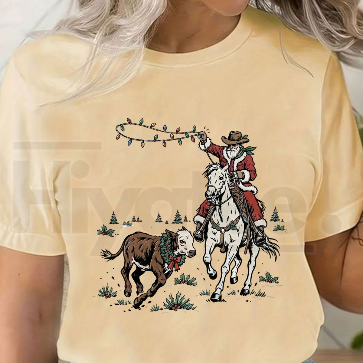 Comfort Colors Cowboy Santa Western Christmas Horseback Tee - Hiyatee