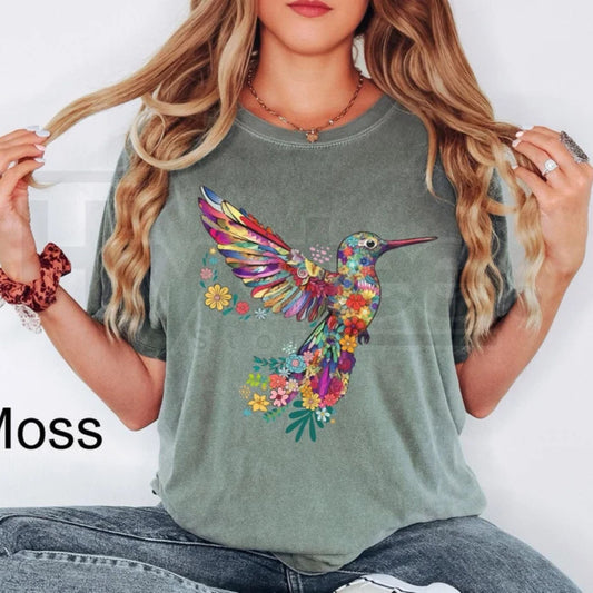 Comfort Colors® Floral Hummingbird Shirt – Bird Lover T-Shirt, Trendy Animal Graphic Tee, Spring Floral Gift for Her - Hiyatee