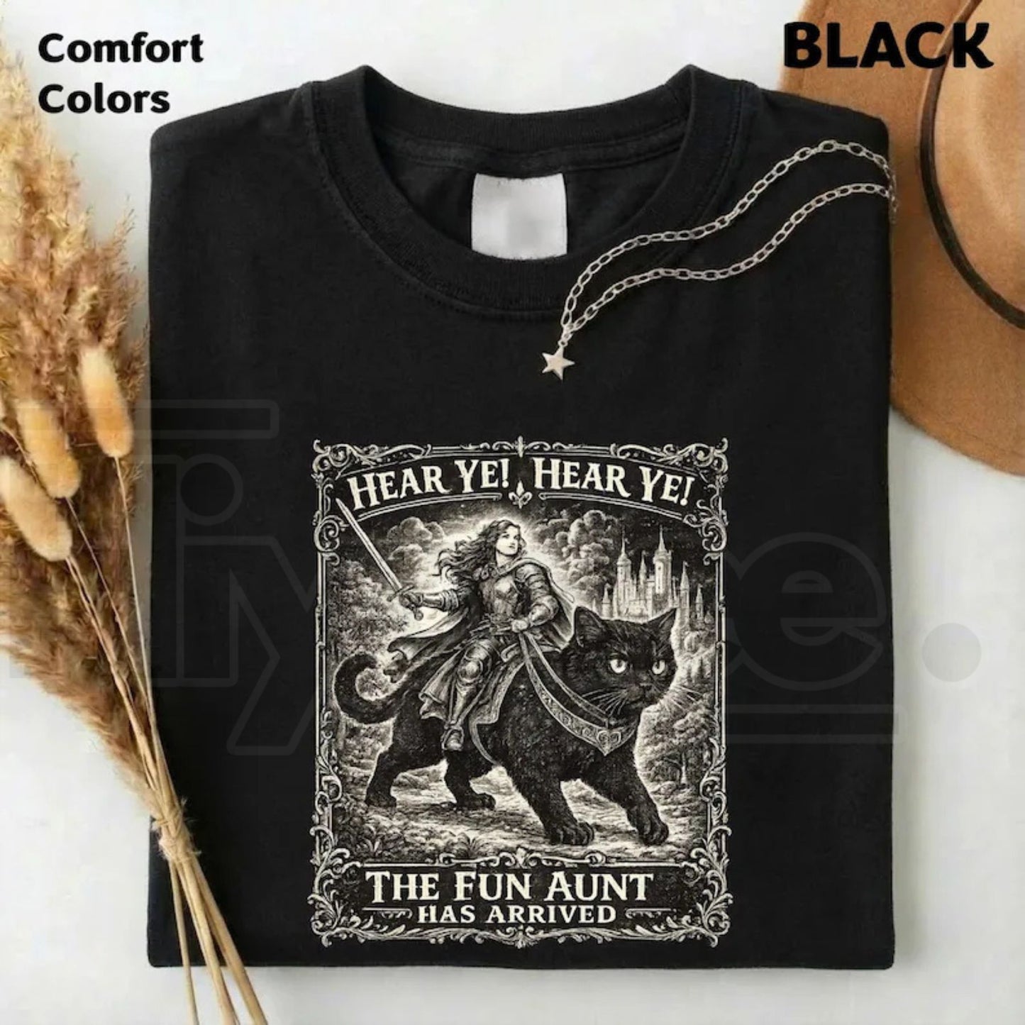 Comfort Colors Fun Aunt Knight Riding Black Cat T-Shirt - Hiyatee