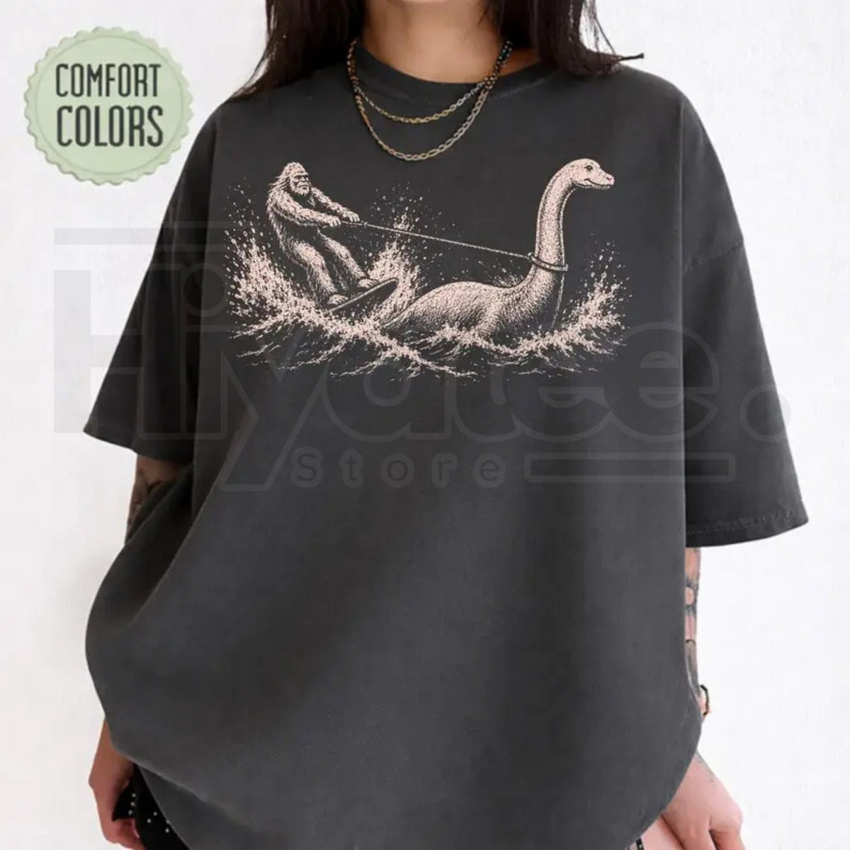 Comfort Colors Funny Bigfoot Loch Ness Monster Waterskiing T-Shirt - Hiyatee