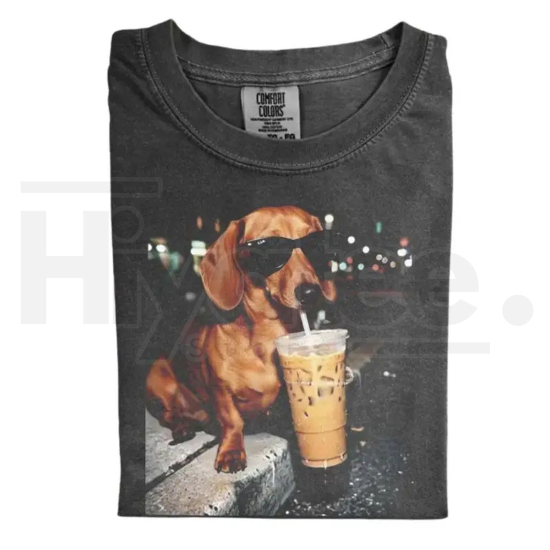 Comfort Colors® Funny Dachshund Drinking Iced Coffee Shirt – Retro Wiener Dog Meme Tee, Trendy Caffeine Lover Gift - Hiyatee