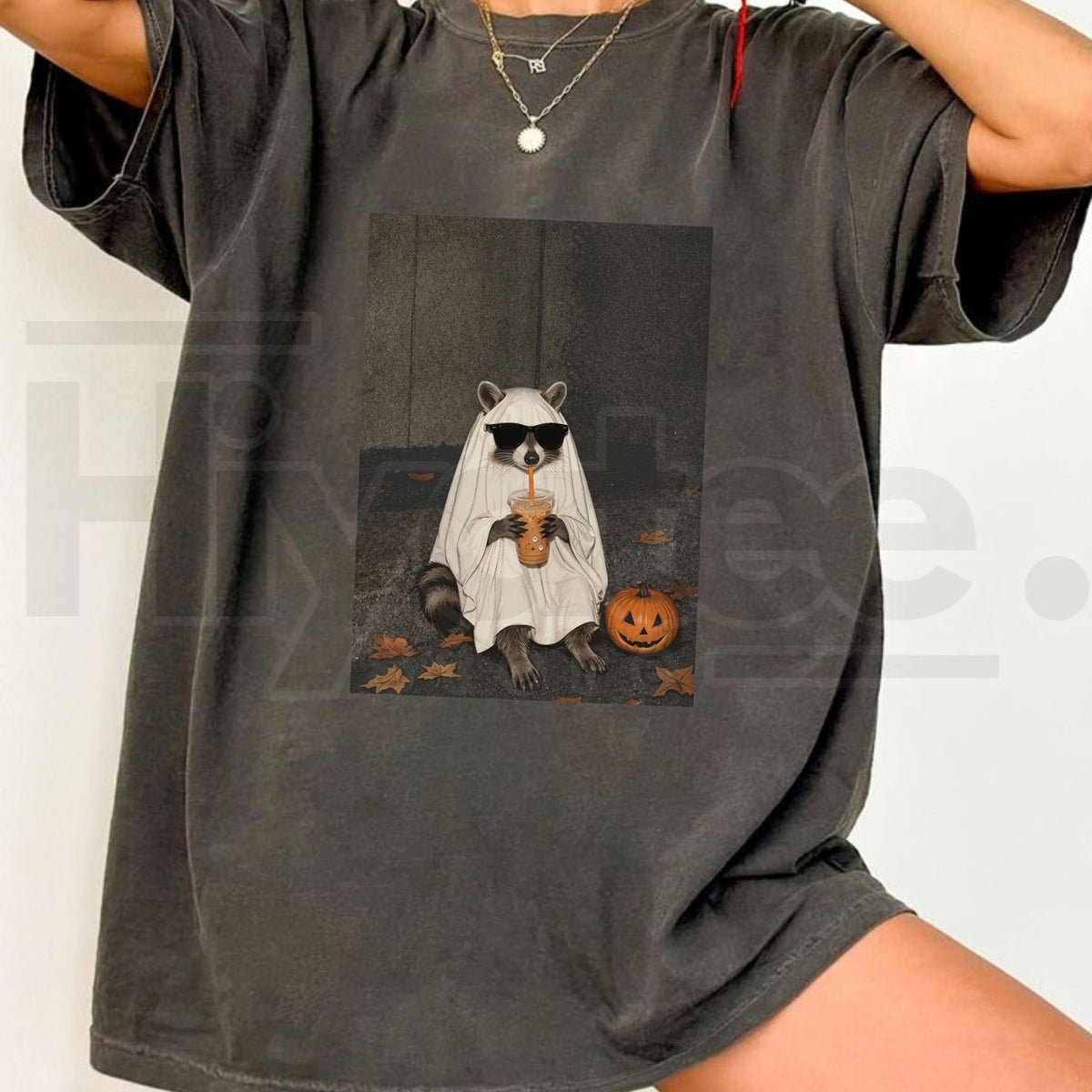 Comfort Colors Ghost Raccoon Iced Coffee T-Shirt – Funny Spooky Halloween Tee - Hiyatee