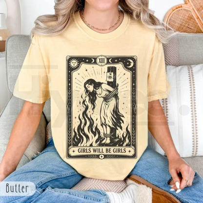 Comfort Colors Girls Will Be Girls Witch Shirt Burn Witches Feminist Tee - Hiyatee