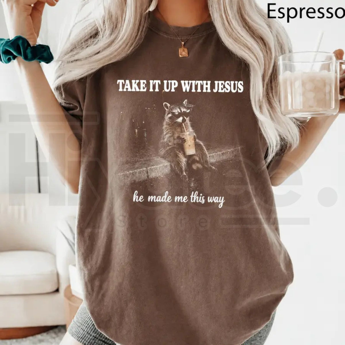 Comfort Colors Grunge Raccoon Holding Bubble Tea Christian Tee - Hiyatee