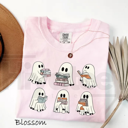 Comfort Colors Halloween Book Shelf Tshirt Ghost Reader Book Lover Shirt - Hiyatee