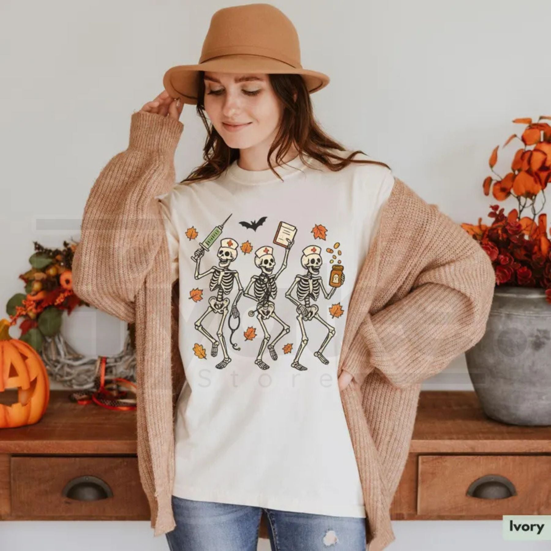 Comfort Colors Halloween Nurse Skeleton Shirt Spooky Season RN Fall Tee - Hiyatee