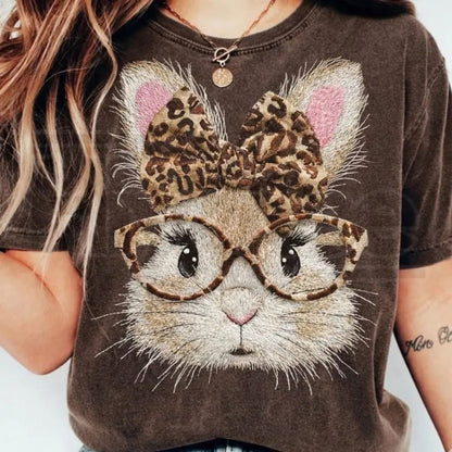 Comfort Colors® Happy Easter Bunny T-Shirt – Retro Leopard Print & Coquette Bow Tee, Trendy Easter Sunday Shirt - Hiyatee