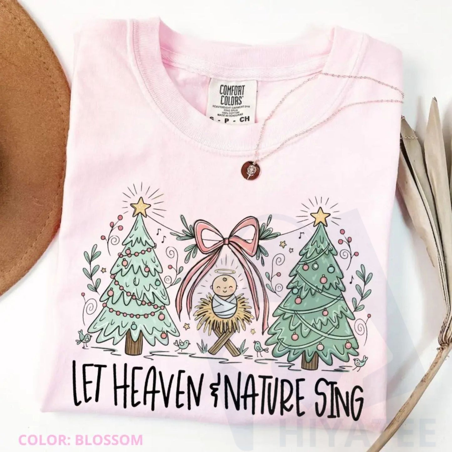 Comfort Colors "Heaven and Nature Sing" T-Shirt – Whimsical Christmas Nativity Bow Trees Tee - Hiyatee