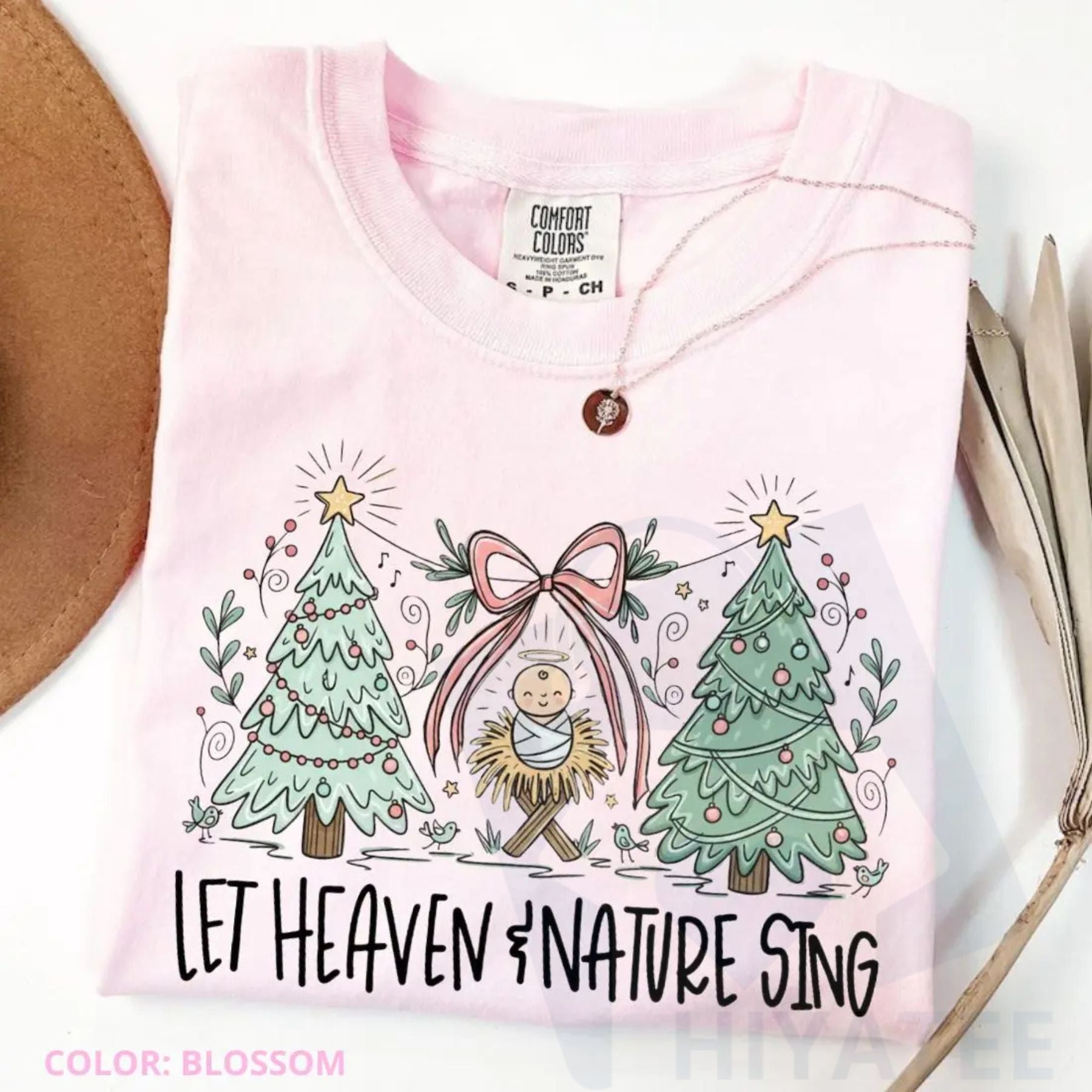 Comfort Colors "Heaven and Nature Sing" T-Shirt – Whimsical Christmas Nativity Bow Trees Tee - Hiyatee