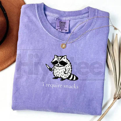 Comfort Colors "I Require Snacks" Raccoon Tee – Funny Goblincore Animal Lover Gift, Cozy Snack Gremlin Shirt - Hiyatee