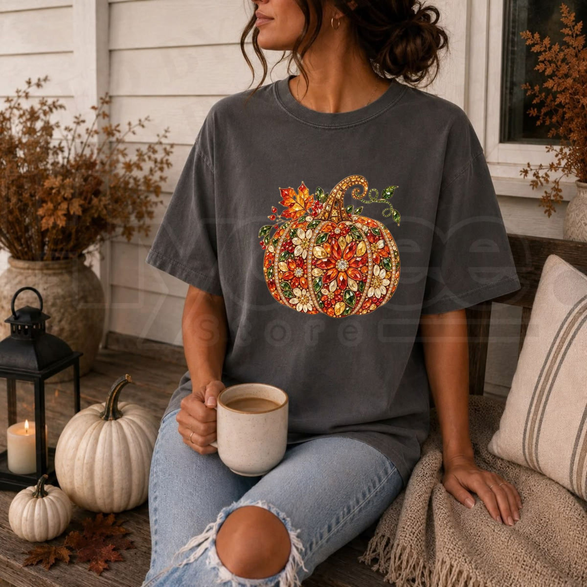 Comfort Colors Jeweled Rhinestone Pumpkin Halloween Tee - Hiyatee