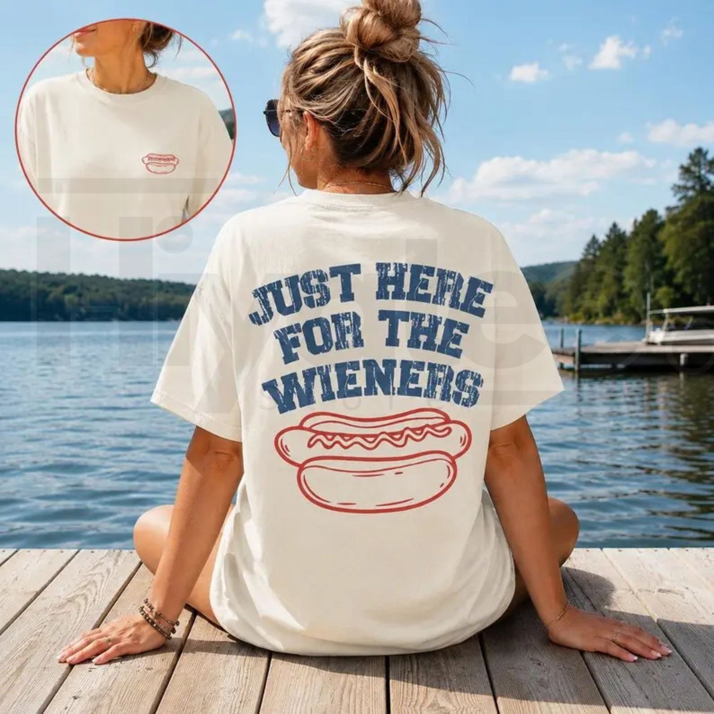 Comfort Colors Just Here For The Wieners T-Shirt – Funny 4th of July Double Sided Hot Dog Patriotic Summer Tee - Hiyatee