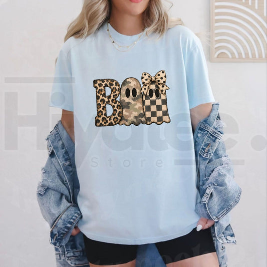 Comfort Colors Leopard Camo BOO Halloween T-Shirt – Trendy Spooky Season Tee - Hiyatee