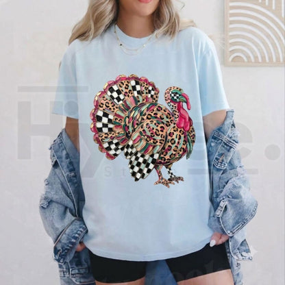 Comfort Colors Leopard Checkered Turkey T-Shirt – Trendy Preppy Fall Tee - Hiyatee