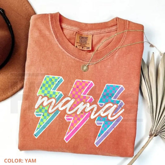 Comfort Colors® Lightning Checkered Neon Mama T-Shirt – Trendy Rock Mom Bolt Tee - Hiyatee