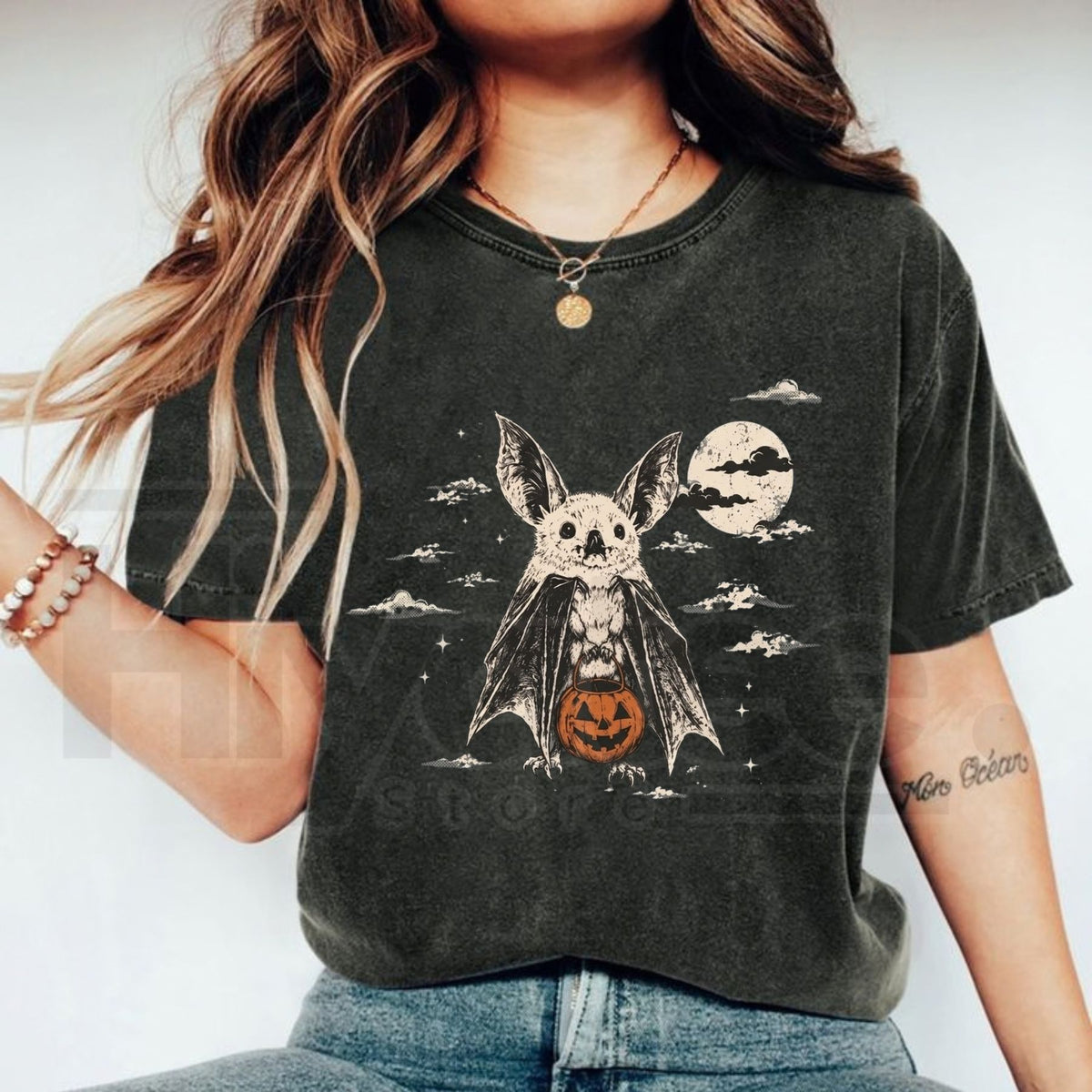 Comfort Colors Moonlit Bat Pumpkin Halloween T-Shirt – 90s Spooky Graphic Tee - Hiyatee