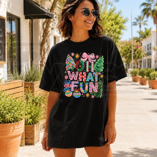 Comfort Colors Oh What Fun Christmas T-Shirt – Pink Coquette Bow Holiday Tee - Hiyatee