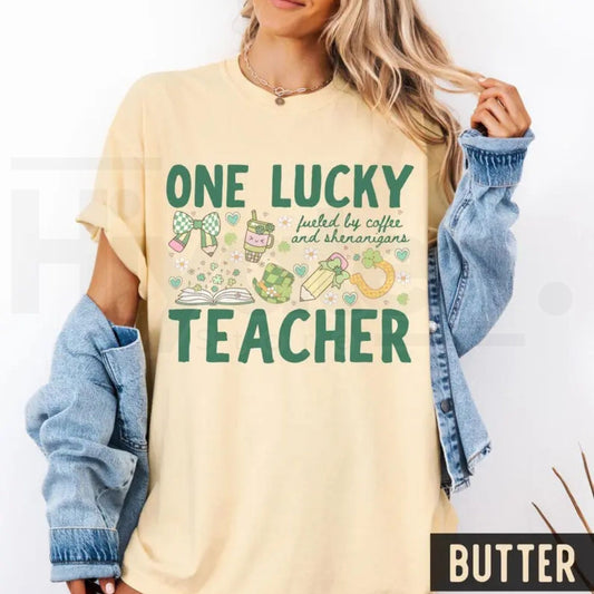 Comfort Colors® One Lucky Teacher St Patrick's T-Shirt – 'Fueled By Coffee and Shenanigans' Clover Tee - Hiyatee