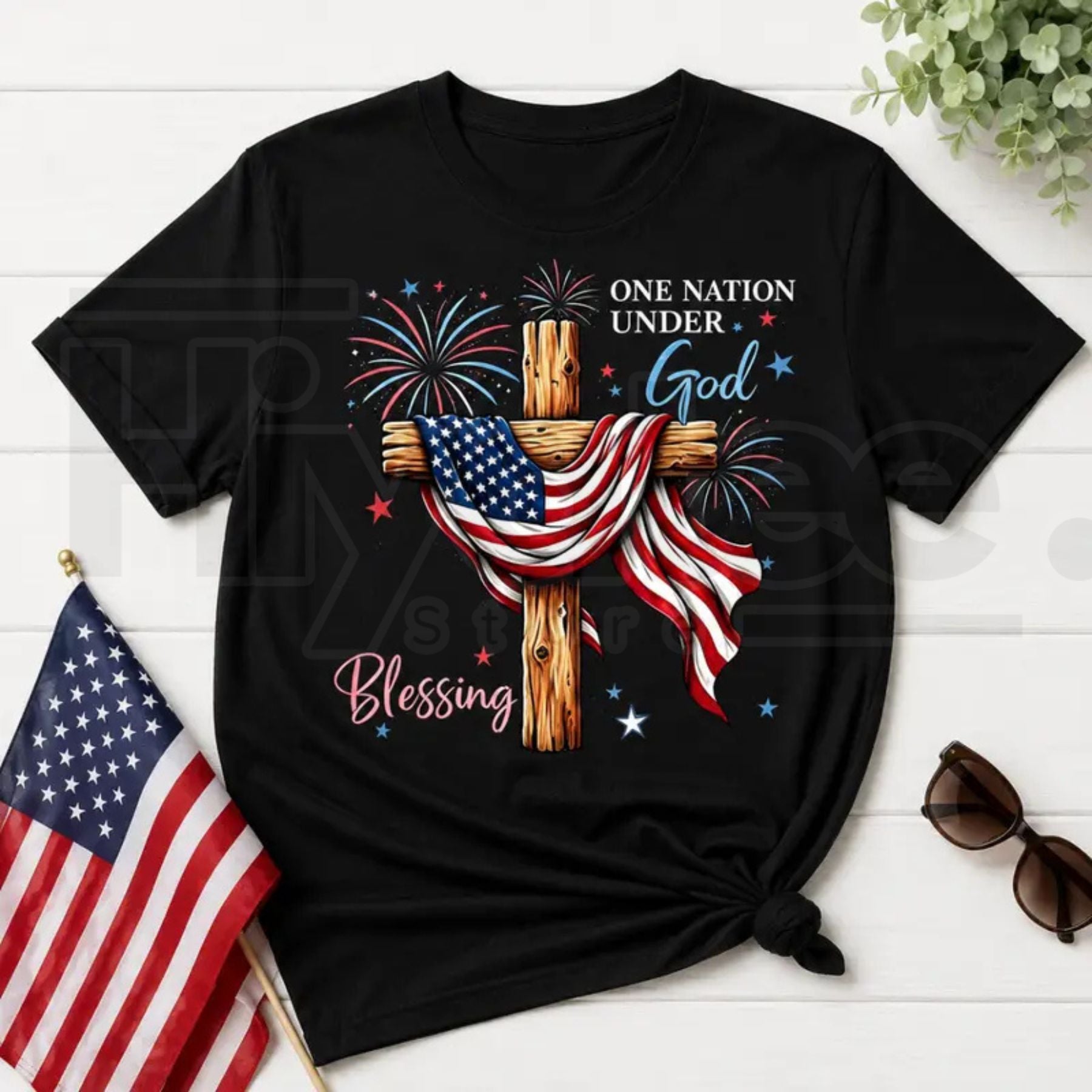 Comfort Colors One Nation Under God Shirt – Christian Patriotic 4th of July American Flag Cross Tee - Hiyatee