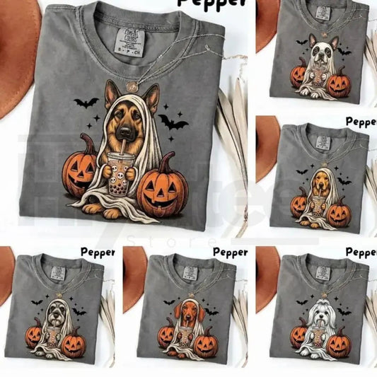 Comfort Colors Pepper Dog Shirt Custom Ghost Boba Tea Halloween Tee - Hiyatee
