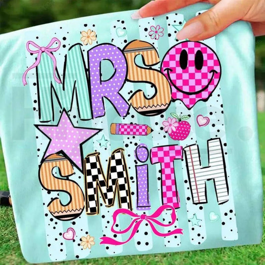 Comfort Colors Personalized Teacher Name Striped Neon Coquette Bow Tee - Hiyatee