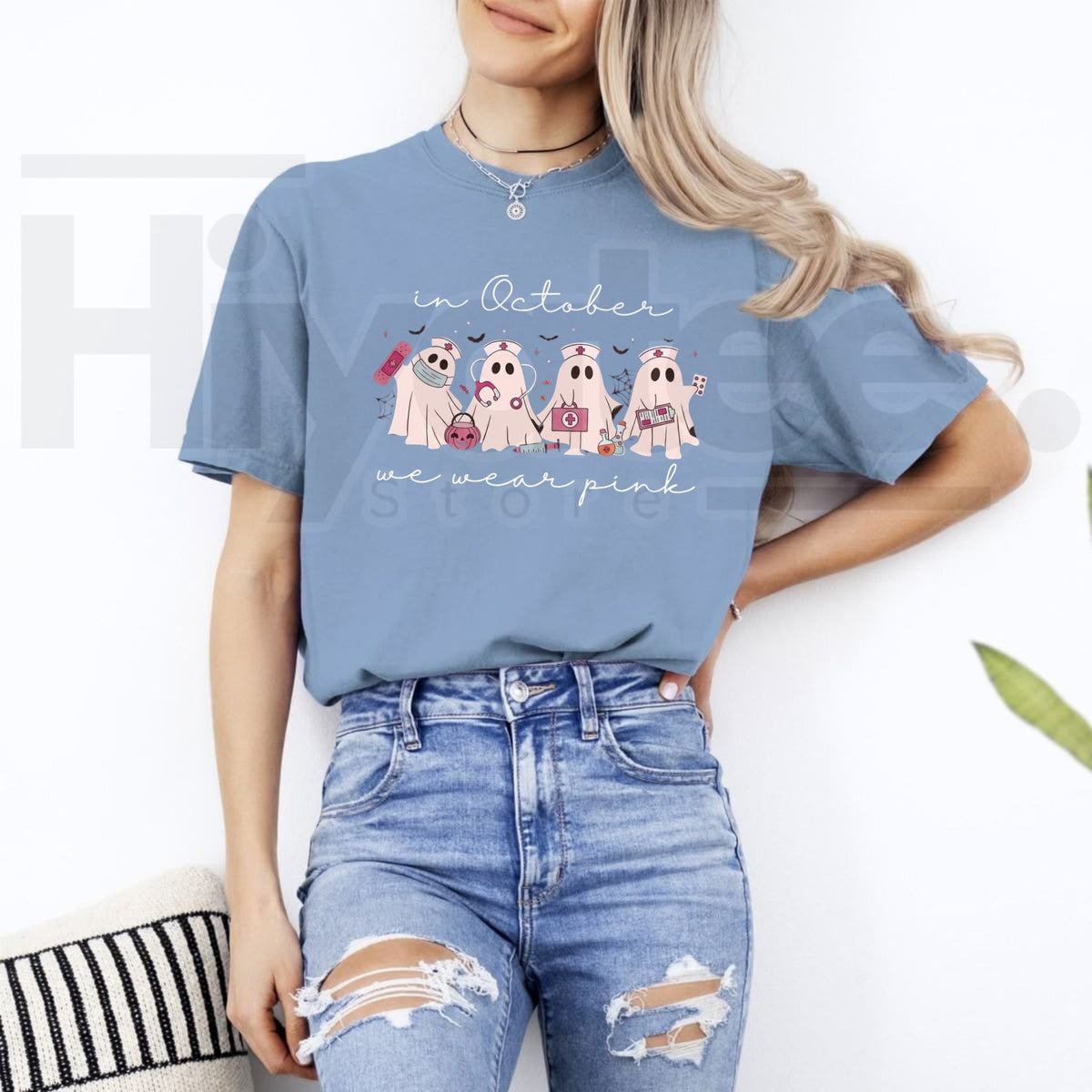 Comfort Colors Pink Ribbon Ghost Nurse Breast Cancer Tee - Hiyatee
