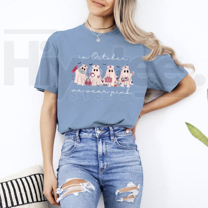 Comfort Colors Pink Ribbon Ghost Nurse Breast Cancer Tee - Hiyatee