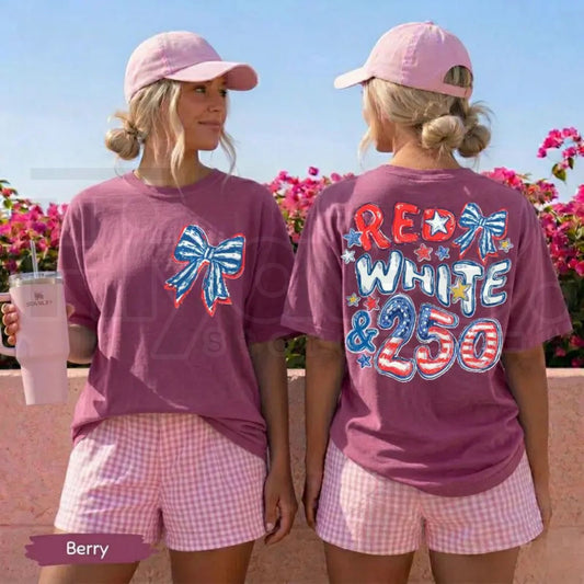Comfort Colors Red White and 250 Shirt – America 250th Anniversary Patriotic Bow Front and Back Print Tee, 4th of July Outfit - Hiyatee