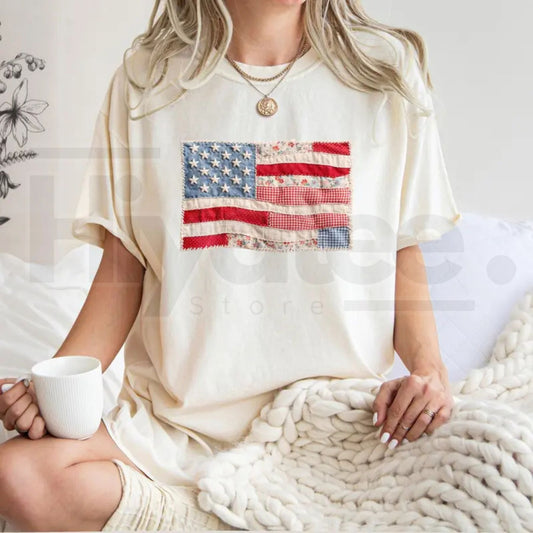 Comfort Colors® Retro American Flag Shirt – Faux Patchwork USA Patriotic Tee - Hiyatee
