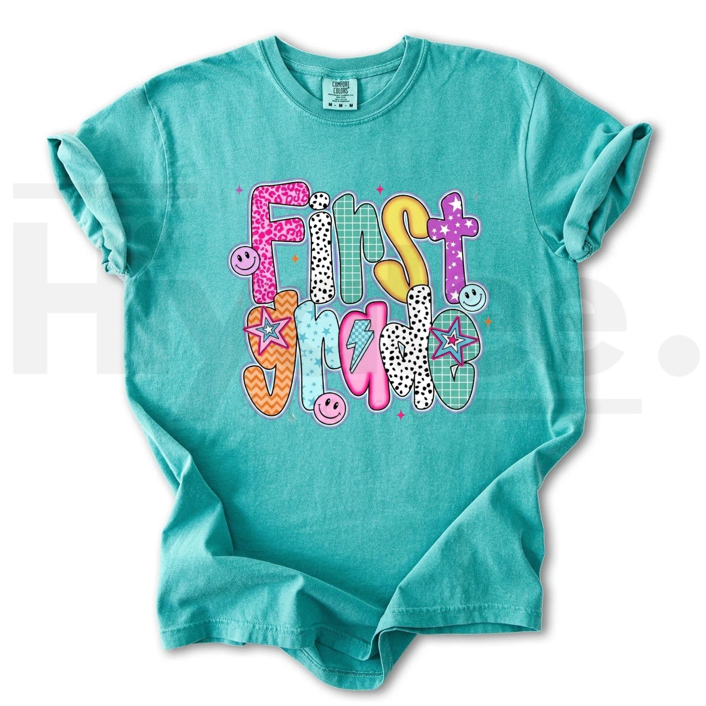 Comfort Colors Retro First Grade Smiley Face T-Shirt - Hiyatee