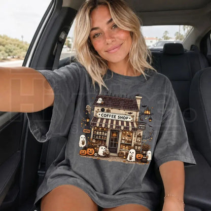 Comfort Colors Spooky Coffee Shop Shirt Ghost Halloween Tee - Hiyatee