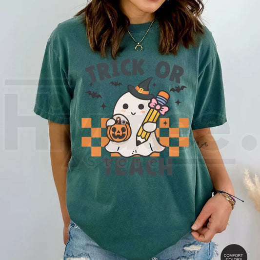 Comfort Colors Teacher Halloween Shirt Retro Ghost Trick or Teach Tee - Hiyatee
