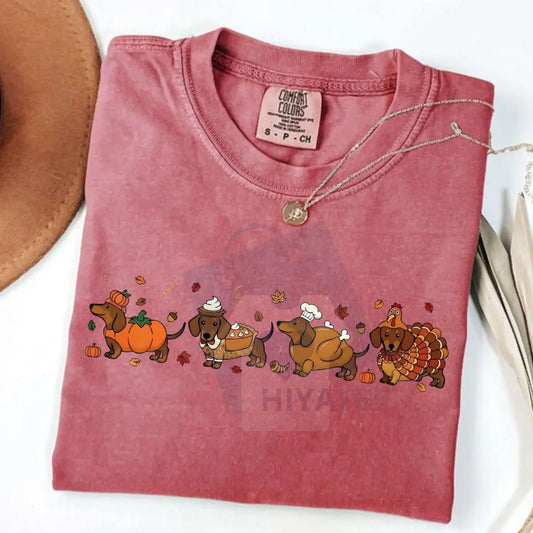 Comfort Colors Thanksgiving Wiener Dog T-shirt – Funny Dachshund Costume Tee, Retro "Gobble" Graphic, Cute Dog Lover Gift - Hiyatee