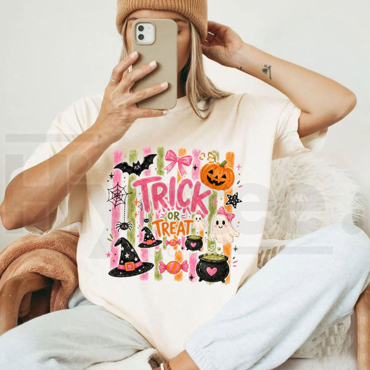 Comfort Colors Trick Or Treat Coquette Pink Halloween Tee - Hiyatee