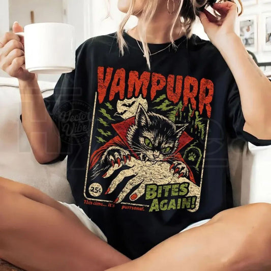 Comfort Colors Vampire Cat Shirt Retro Halloween Funny Spooky Vampurr Tee - Hiyatee