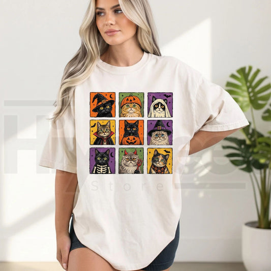 Comfort Colors Vintage Halloween Cat T-Shirt – Witchy Spooky Season Tee - Hiyatee