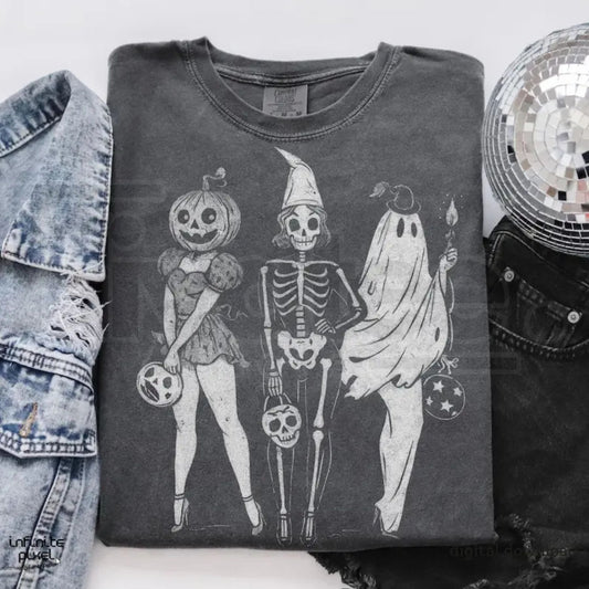 Comfort Colors Vintage Halloween Shirt Spooky Girl Squad Skeleton Ghost Tee - Hiyatee