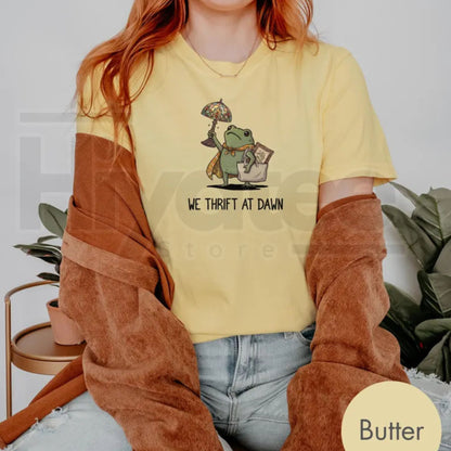 Comfort Colors We Thrift At Dawn Funny Frog Meme Tee - Hiyatee