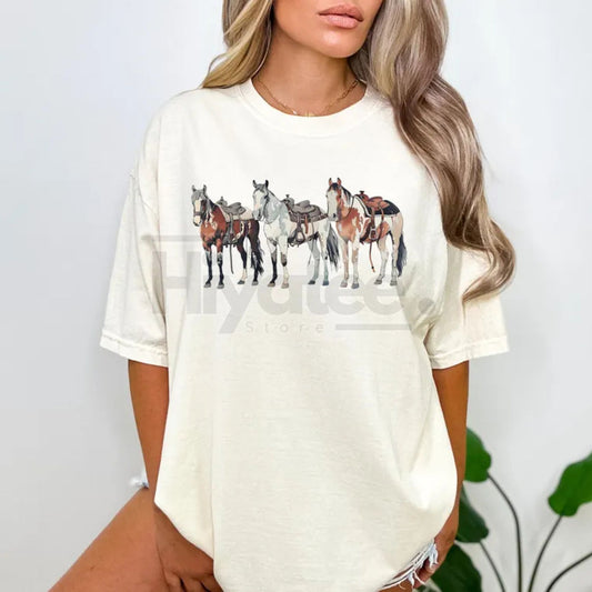 Comfort Colors® Western Horses T-shirt – Cute Horse Lover's Holiday Gift, Trendy Western Graphic Crewneck, Gift for Her - Hiyatee
