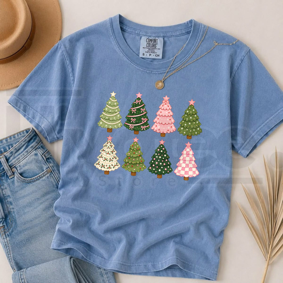 Comfort Colors Whimsical Christmas Trees Pink Holiday Tee - Hiyatee