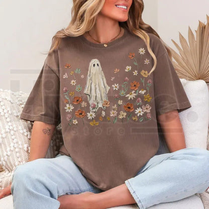 Comfort Colors Wildflowers Ghost Shirt Spooky Floral Botanical Tee - Hiyatee
