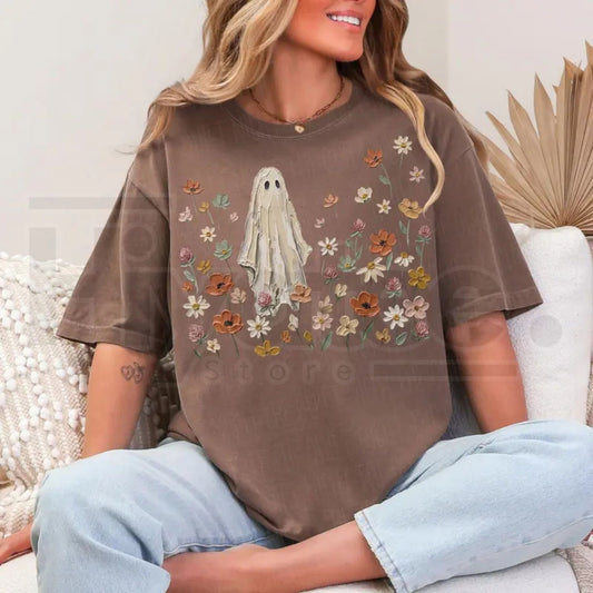 Comfort Colors Wildflowers Ghost Shirt Spooky Floral Botanical Tee - Hiyatee