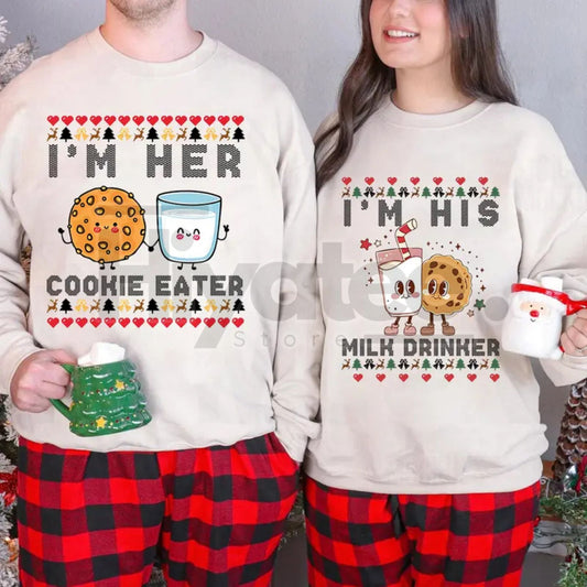 Cookie Eater & Milk Drinker Couple Matching Christmas Sweatshirt: Funny Holiday Couple Sweaters, Xmas Party Gift for Couples - Hiyatee