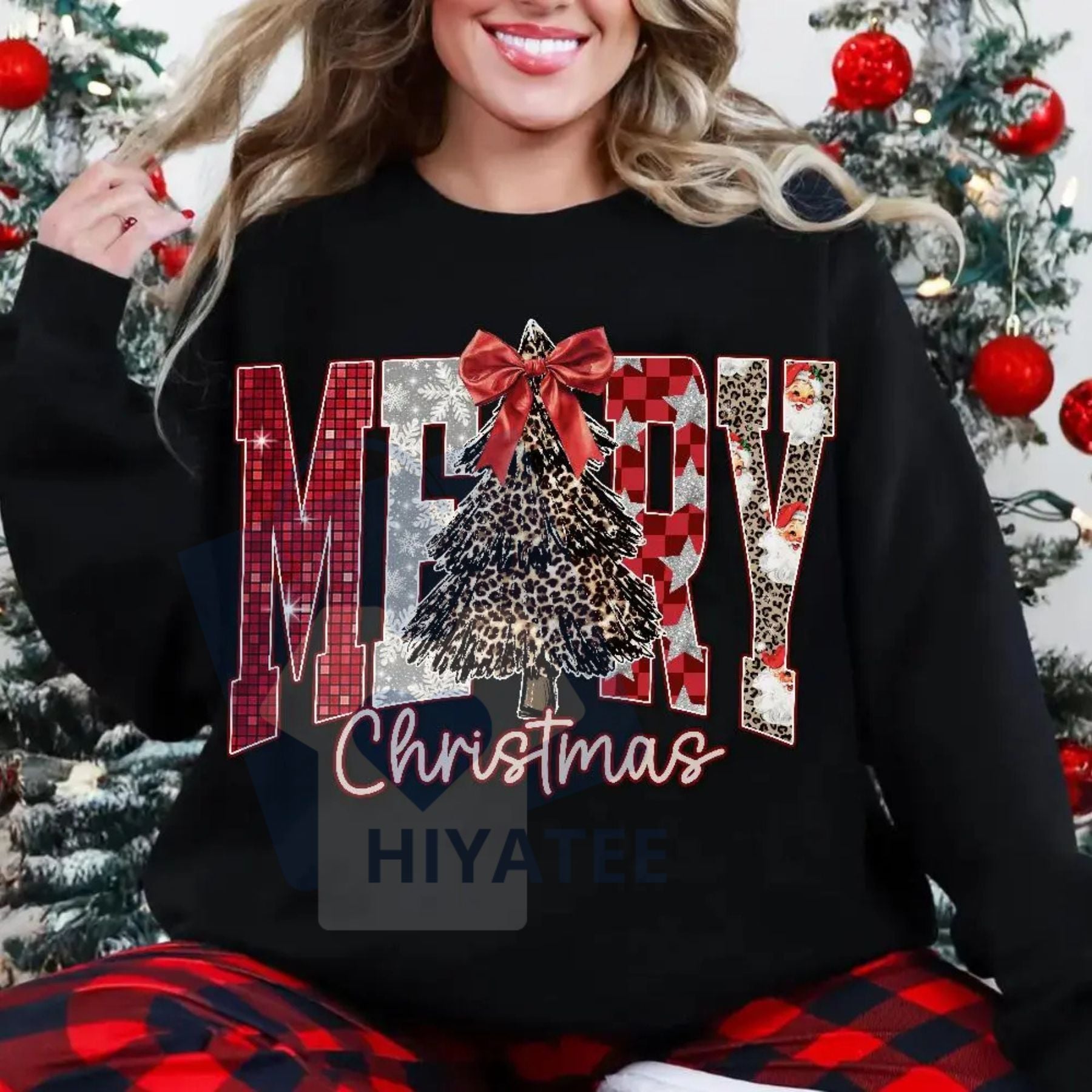 Coquette Merry Christmas Shirt: Checkered Star Leopard Letters - Hiyatee